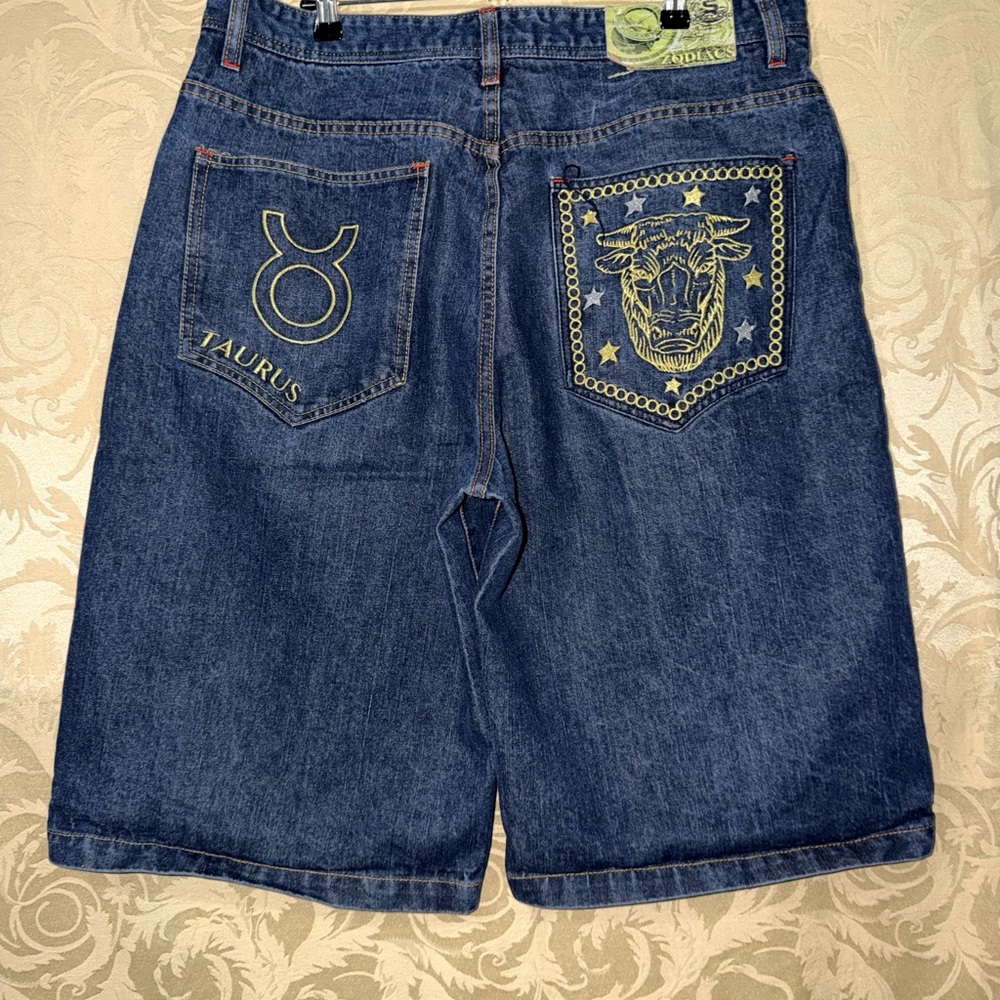 Zodiac Blue Jean Shorts with Gold Embroidery
